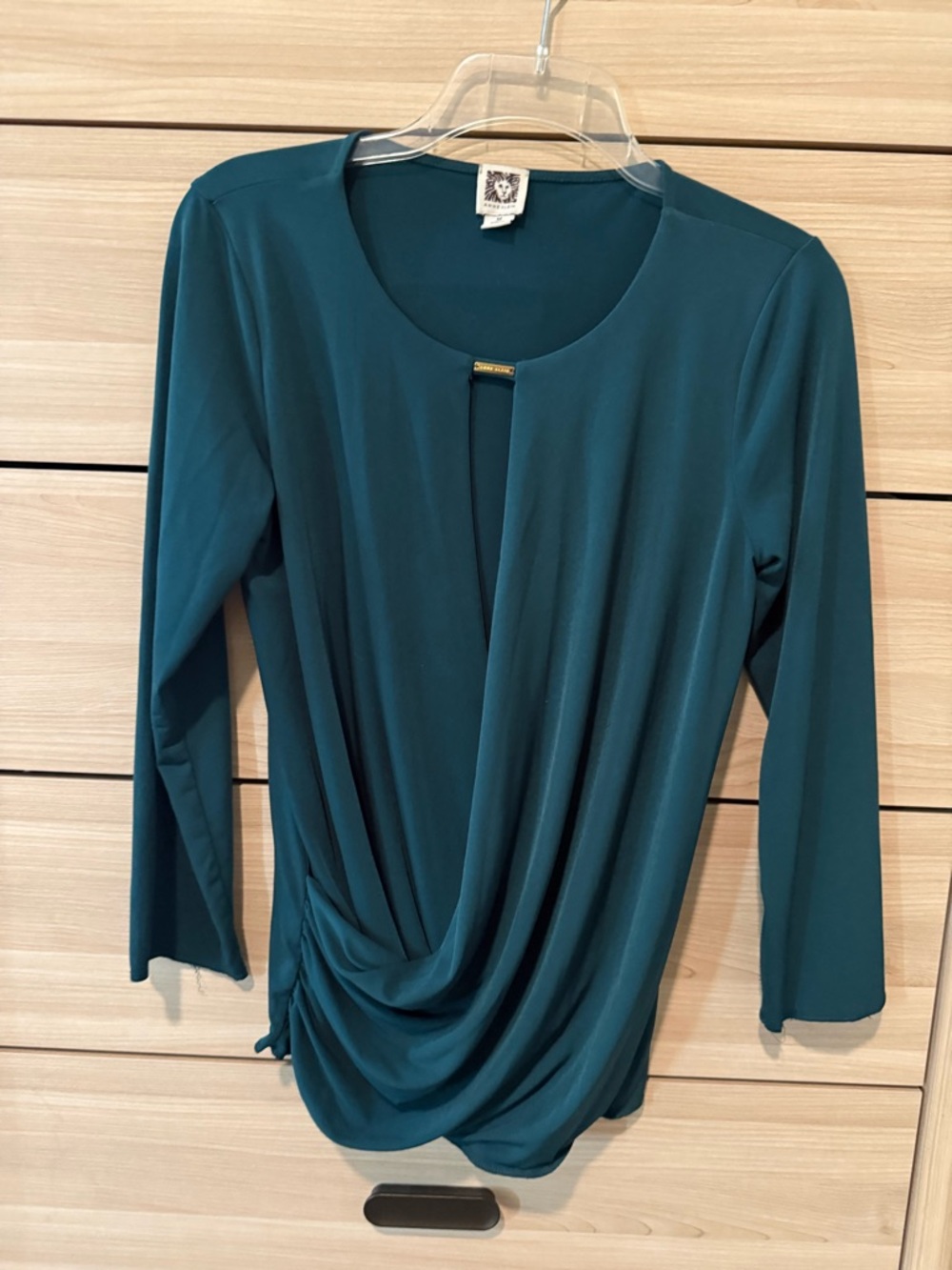 Anne Klein Teal Draped Long-Sleeve Top with Front Pin